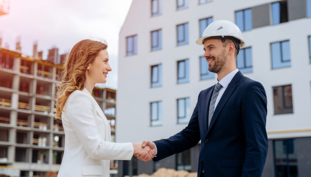 Modern real estate investor shaking hands with a lender at a house construction site
